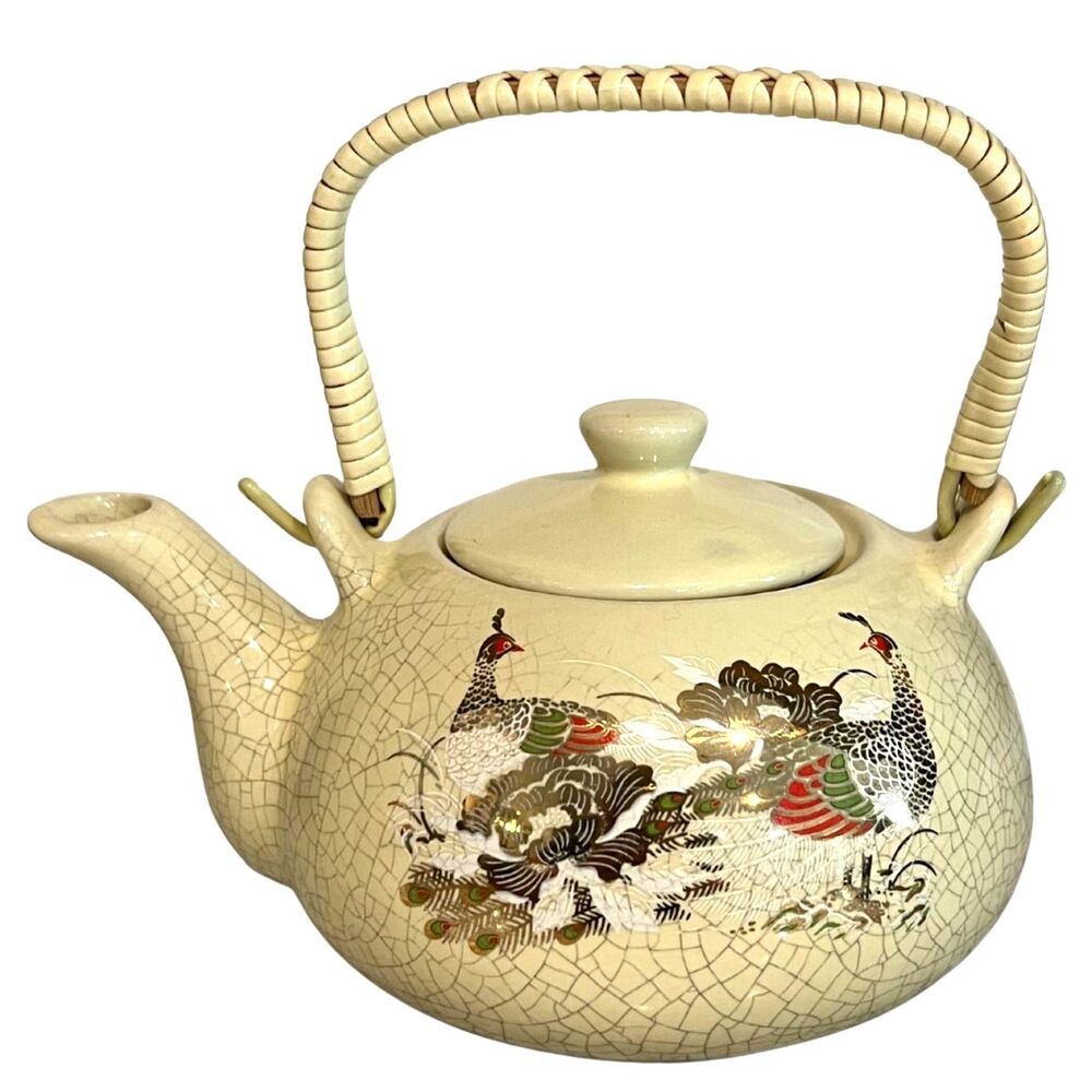 Vintage Japanese Style Ceramic Teapot Crackle Glaze Pheasant Bird Woven Handle